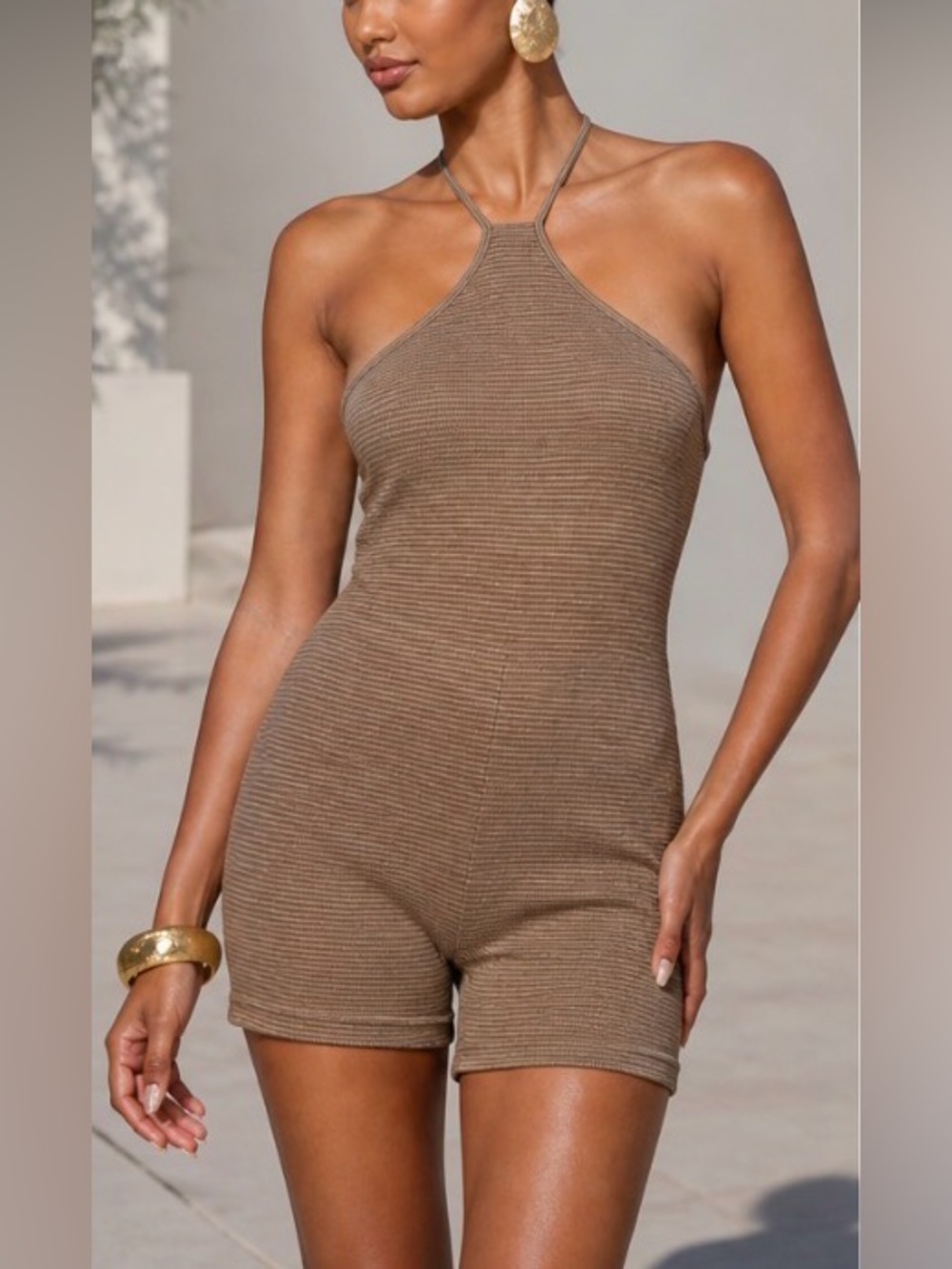 ☀️Zara size M Tan and white striped romper with straps Women’s Ribbed comfort